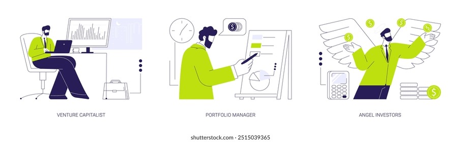 Conjunto de ilustração de vetor de conceito abstrato de financiamento de inicialização. Capitalista de risco, gerente de portfólio, angel Investors, levantar dinheiro, estratégia de investimento personalizado, metáfora abstrata do empreendedor.