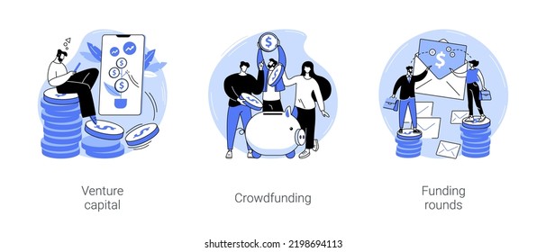 Startup funding isolated cartoon vector illustrations set. Venture capital, private equity financing, crowdfunding idea, business investment, funding rounds, investors financial aid vector cartoon.