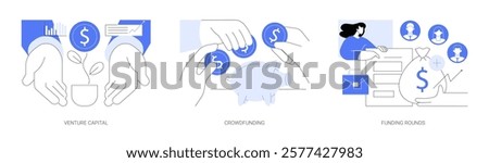 Startup funding isolated cartoon vector illustrations set. Venture capital, private equity financing, crowdfunding idea, business investment, funding rounds, investors financial aid vector cartoon.