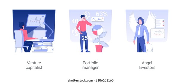 Startup funding isolated concept vector illustration set. Venture capitalist, portfolio manager, angel Investors, raising money, personalized investment strategy, entrepreneur vector cartoon.