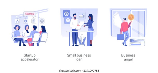 Startup funding isolated concept vector illustration set. Startup accelerator, small business loan, business angel, find a mentor to raise money, financial help to entrepreneur vector cartoon.