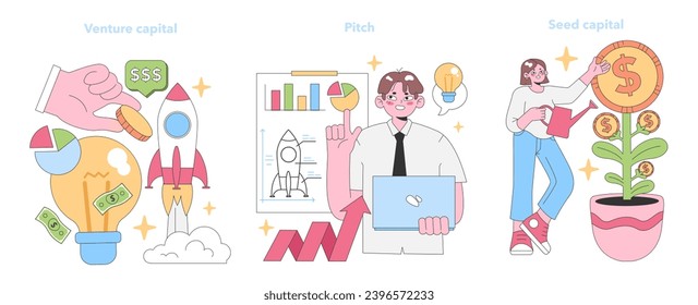 Startup funding set. Hand investing in innovative ideas, presenter showcasing growth, and woman nurturing seed capital. Venture capital, dynamic pitch, and initial seed funding. vector illustration.