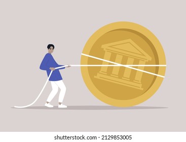 A Startup Funding: Young Character Pulling A Giant Golden Coin, Tug Of War In Business, A Fundraising Campaign