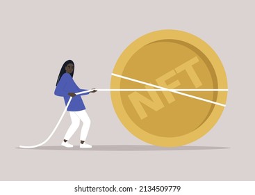 A startup funding: a young female African character pulling a giant golden coin, tug of war in business, a fundraising campaign