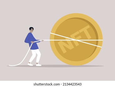 A startup funding: a young male Asian character pulling a giant golden coin, tug of war in business, a fundraising campaign