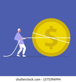 Startup funding: young male character pulling a giant dollar coin, tug of war business, attracting investments