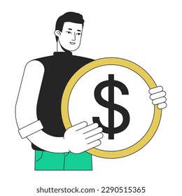 Startup fundraising flat line concept vector spot illustration. Male angel investor 2D cartoon outline character on white for web UI design. Editable hero image for website landing, mobile header