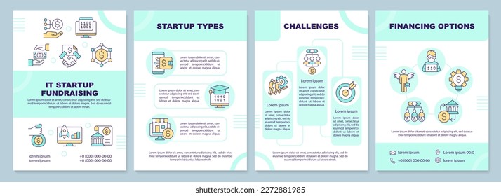IT startup fundraising mint brochure template. Leaflet design with linear icons. Editable 4 vector layouts for presentation, annual reports. Arial-Black, Myriad Pro-Regular fonts used