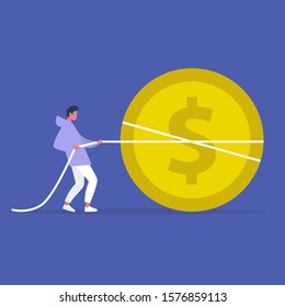 Startup fundraising: young male character pulling a giant dollar coin, tug of war business, attracting investments