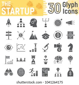 Startup glyph icon set, development symbols collection, vector sketches, logo illustrations, business finance signs solid pictograms package isolated on white background, eps 10.