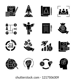 Startup glyph icons. Project financing and budgeting. Business start and development. Investment. Profit growth. Crowdfunding, angel investor, venture capital. Silhouette vector isolated illustration