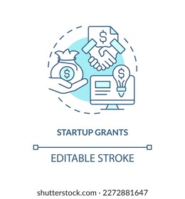 Startup grants turquoise concept icon. Get award. Tech business financing option abstract idea thin line illustration. Isolated outline drawing. Editable stroke. Arial, Myriad Pro-Bold fonts used