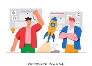 Startup gray concept with people scene in the flat cartoon style. Two friends decide to try register their first startup. Vector illustration.