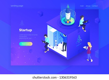 Startup A group of people working on the launch of a new project. Teamwork. A group of people in the work process. Landing page. Vector illustration of an isometric style on an ultraviolet background.