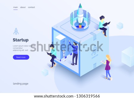 Startup A group of people working on the launch of a new project. Teamwork. A group of people in the work process. Landing page. Vector illustration of an isometric style on an uwhite background. 