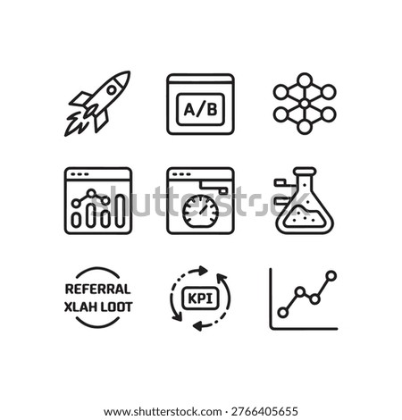 startup growth analytics ab testing kpi and referral minimal line icon set
