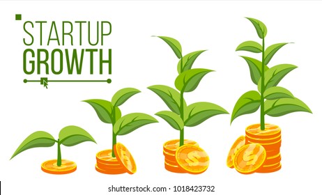 Startup Growth Concept Vector. Plant Growing In Savings Coins. Success Company. Isolated Flat Cartoon Illustration
