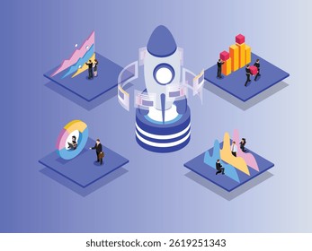 startup growth and data analysis, featuring a central rocket launching upwards surrounded by four screens displaying various business charts and graphs 3d isometric vector