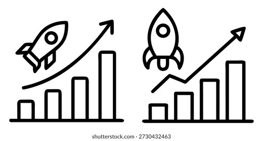 Conjunto de iconos de crecimiento de startups con lanzamiento de cohete, gráfico de análisis y objetivo objetivo de diseño de UI UX