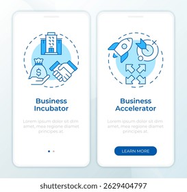Startup growth organizations blue onboarding mobile app screen. Walkthrough 2 steps editable graphic instructions with linear concepts. UI, UX, GUI