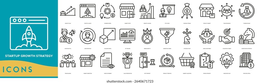 Startup Growth Strategy icon set. Growth Plan, Startup Launch, Business Model, Market Entry, Growth Hacking, Pitch Deck, Revenue Stream and Product Market