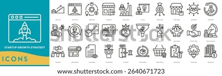 Startup Growth Strategy icon set. Growth Plan, Startup Launch, Business Model, Market Entry, Growth Hacking, Pitch Deck, Revenue Stream and Product Market