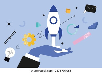 Startup hands concept in the flat cartoon design. The hand that starts a startup is a symbol of the development and implementation of all business ideas. Vector illustration.