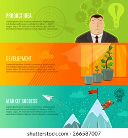 Startup horizontal banner set with product idea development market success flat elements isolated vector illustration