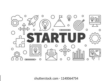 Startup horizontal vector minimal illustration or banner made of thin line icons
