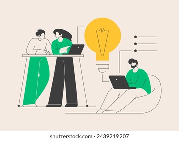 Ilustración abstracta del vector del concepto del centro de arranque. Incubadora de emprendimientos, joven emprendedor, generación de ideas de negocios, centro de innovación de TI, conéctese con inversionista, metáfora abstracta de asociación.