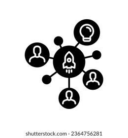 Icono de glifo del concentrador de inicio. Lanzamiento de cohetes y creación de redes grupales para incubadora de emprendimientos. El crowdfunding en línea, el emprendimiento. Pictograma plano. diseño de ilustración vectorial en fondo blanco EPS 10