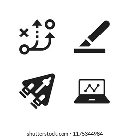 startup icon. 4 startup vector icons set. strategy, graphic of stats on laptop screen and edit icons for web and design about startup theme