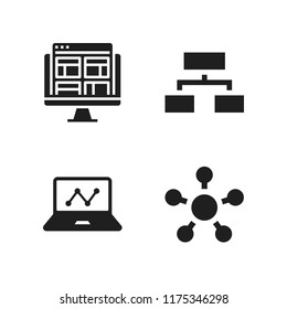 startup icon. 4 startup vector icons set. graphic of stats on laptop screen, website and organization icons for web and design about startup theme