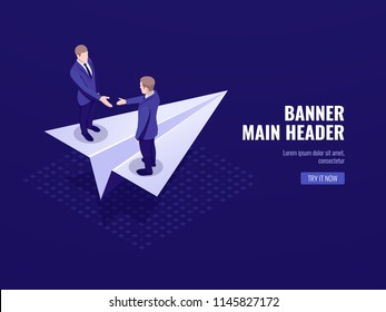 Startup Icon, Concept Of Business Deal Successful Strategy Plan, Two Businessmen Stay On Paper Aircraft Isometric Vector Dark Neon