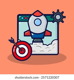 Startup icon. Concept of new business project, development and launch innovation product on market. Isolated on premium design. Flat cartoon vector illustration.