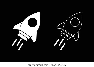 Startsymbol, Linienkunst, Vektorsatz. Raketensymbol. Mit Rakete gestarteter Symbolvektor. EPS 10