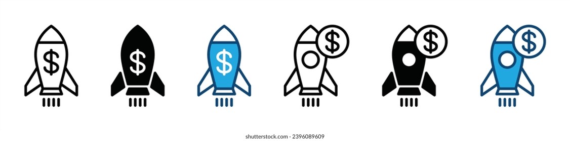 Startup icon. Rocket icon with dollar sign symbol. Editable stroke. Vector illustration