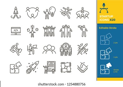 Startup Icon Set. 20 Vector Illustration Elements With Editable Stroke For Business, Career, Motivation, Success, Entrepreneurship, Teamwork