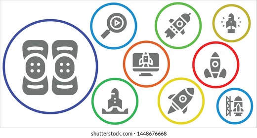 startup icon set. 9 filled startup icons.  Collection Of - Kneepad, Multimedia, Startup, Rocket launch, Rocket ship launch