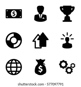 Startup icon. Set of 9 Startup filled icons such as businessman, gear, user bulb, globe, money dollar, lifebuoy, trophy, arrow up