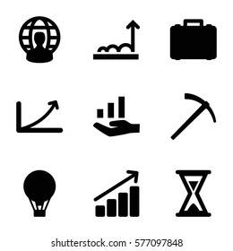 Startup icon. Set of 9 Startup filled icons such as graph, user globe, case, hammer, air balloon, graph on hand