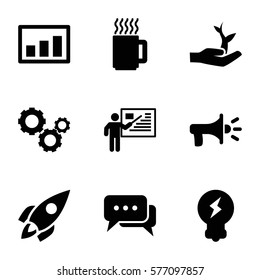 Startup icon. Set of 9 Startup filled icons such as gear, graph, rocket, bulb, chat, megaphone, plant on hand, teacher