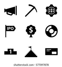 Startup icon. Set of 9 Startup filled icons such as globe in gear, lifebuoy, envelop, ranking, money tree, megaphone, hammer, pyramid flag
