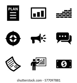 Startup icon. Set of 9 Startup filled icons such as target, graph, money dollar, plan, chat, document, megaphone, teacher
