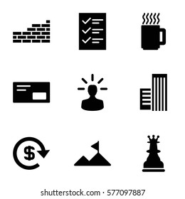 Startup icon. Set of 9 Startup filled icons such as user bulb, mountain, dollar, envelop, brick wall, building, mug, checklist