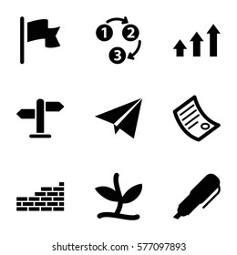 Startup icon. Set of 9 Startup filled icons such as graph, flag, 1 2 3, paper plane, document, plant, direction, brick wall