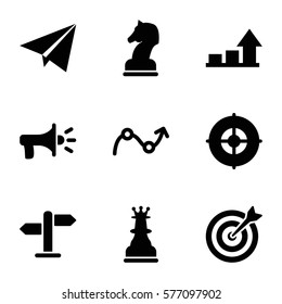 Startup icon. Set of 9 Startup filled icons such as target, graph, paper plane, megaphone, direction, horse chess