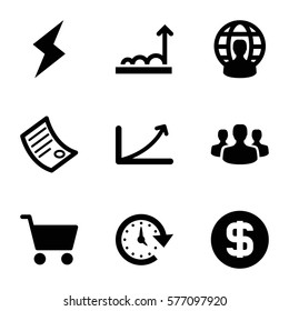 Startup icon. Set of 9 Startup filled icons such as time, user group, graph, flash, user globe, shopping cart, document