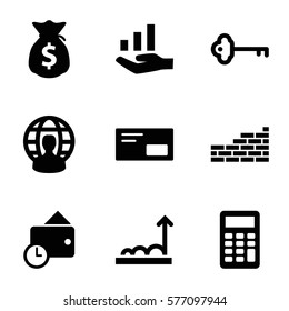 Startup icon. Set of 9 Startup filled icons such as wallet, user globe, calculator, envelop, brick wall, key, graph on hand, graph