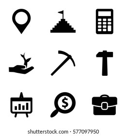 Startup icon. Set of 9 Startup filled icons such as map location, search dollar, case, calculator, chart, plant on hand, hammer